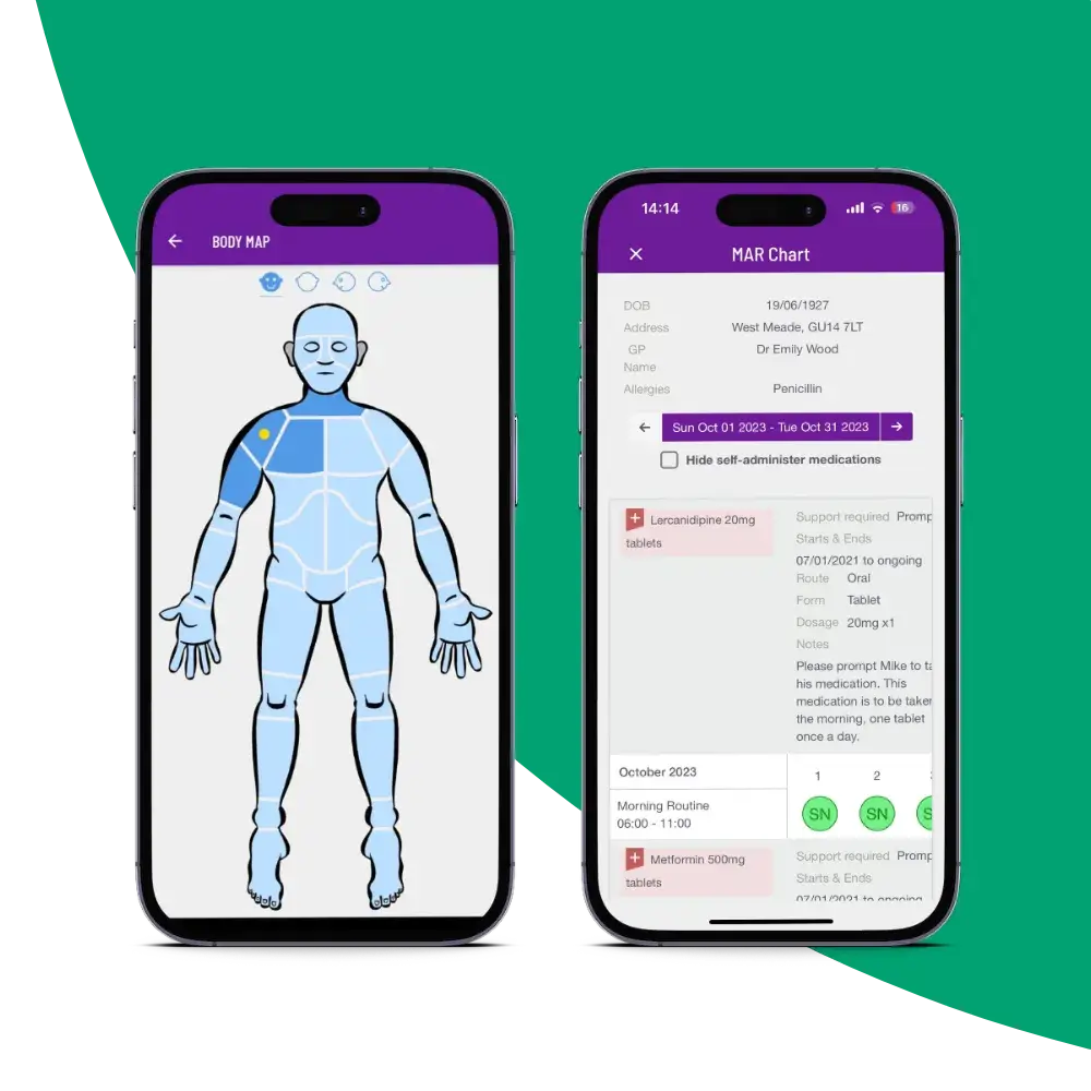everyLIFE PASS eMAR Medication Management Software: body mapping and MAR chart