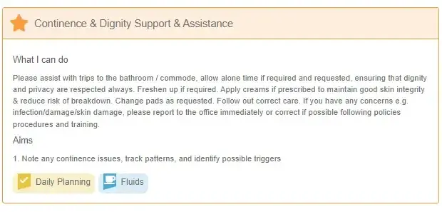 Care plan example: continence and dignity support