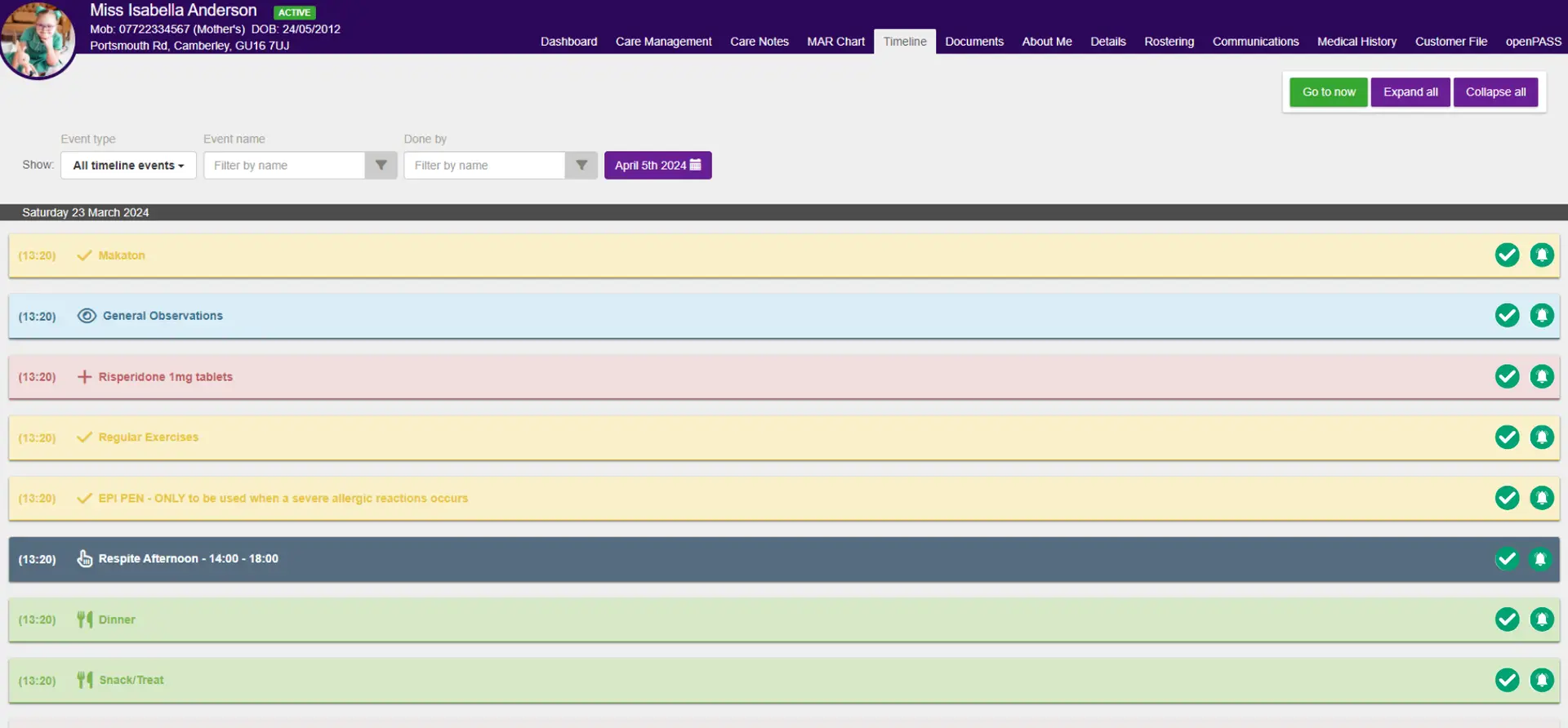 Digital social care records - screenshot of PASS timelines of care