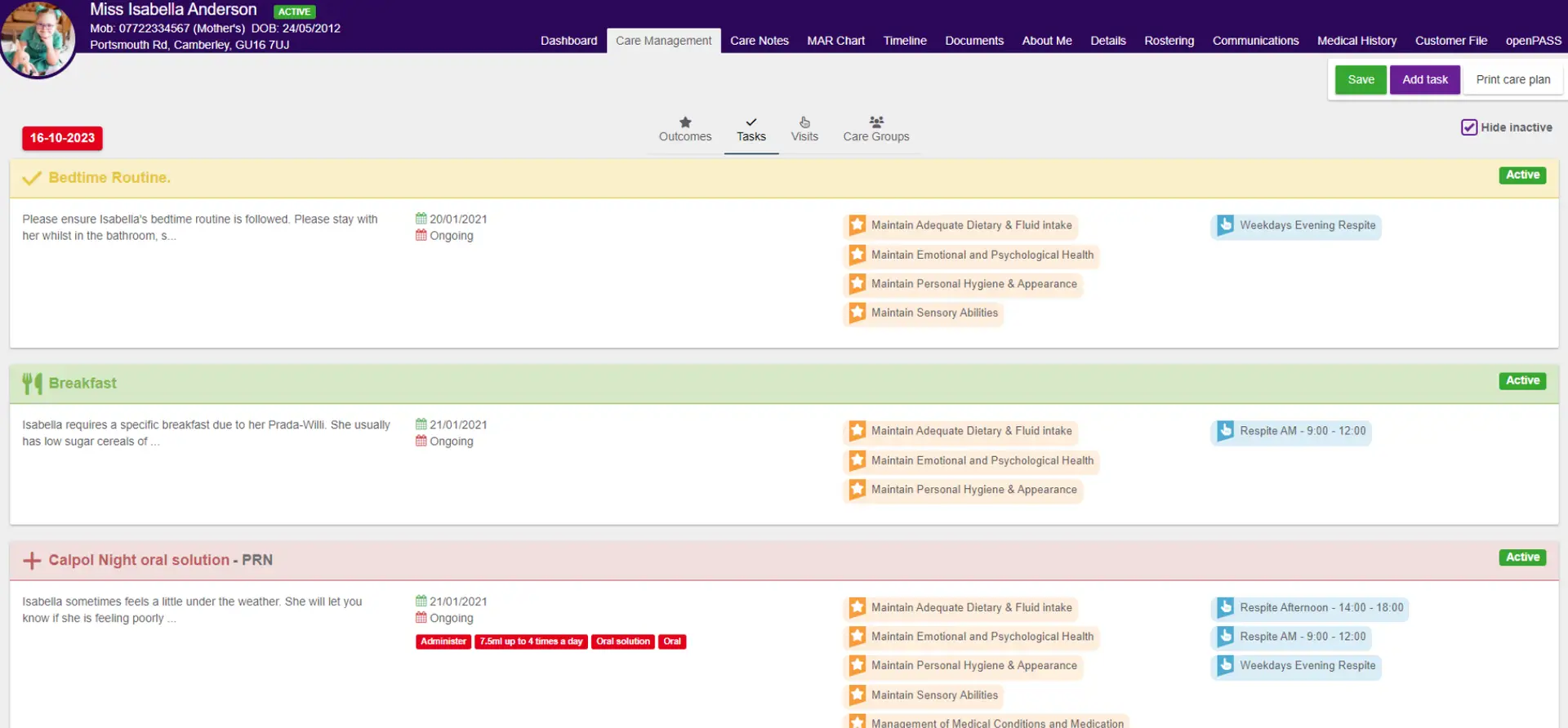 Digital social care records - screenshot of easy to use PASS interface