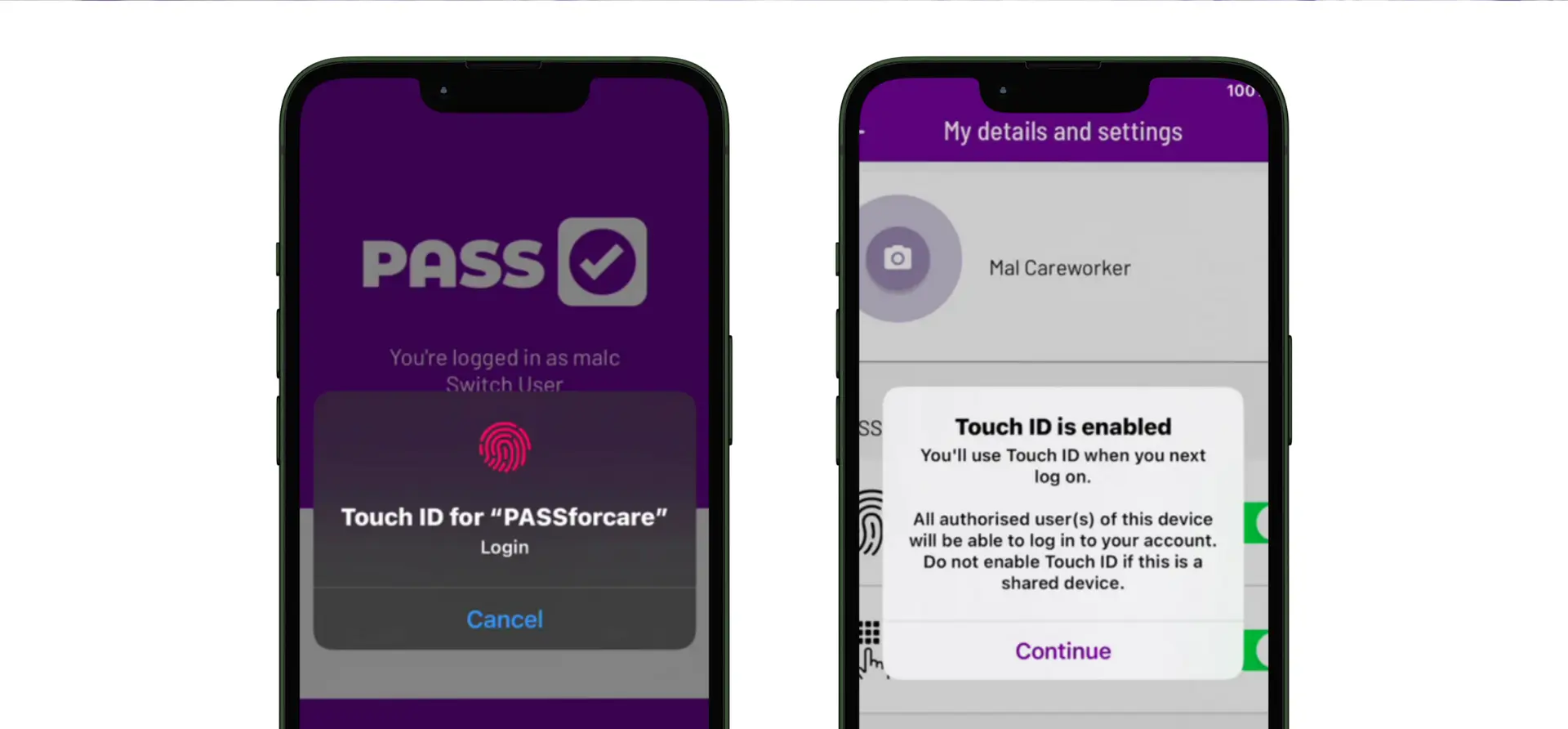 Digital social care records - screenshot of PASS biometric login and security controls