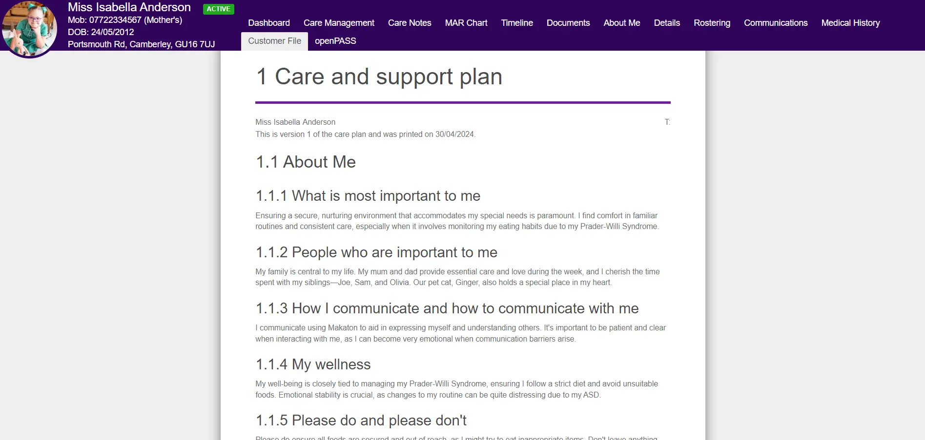 About me page care and support plan